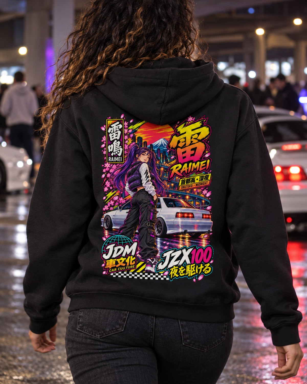 RAIMEI JZX100 Anime Girl Full-Back Graphic Tee Zip Hoodie Black worn hero