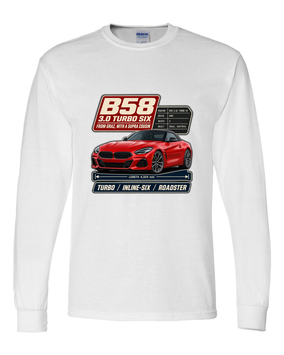 Spec poster print of the BMW Z4 M40i with B58 3.0 turbo six notes white long sleeve front view with the design