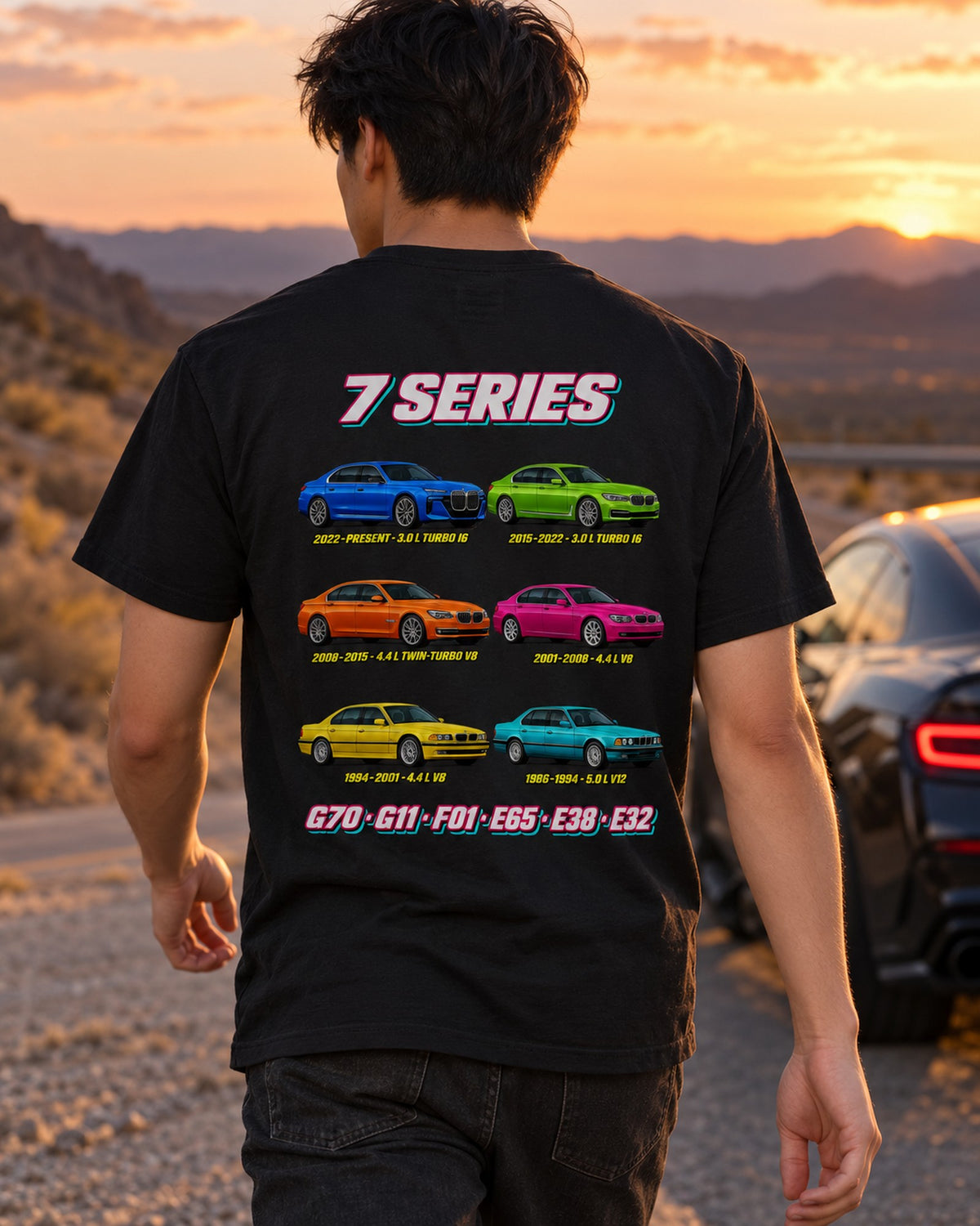 BMW 7 Series Evolution Poster Full-Back Graphic Tee T-Shirt Black worn hero