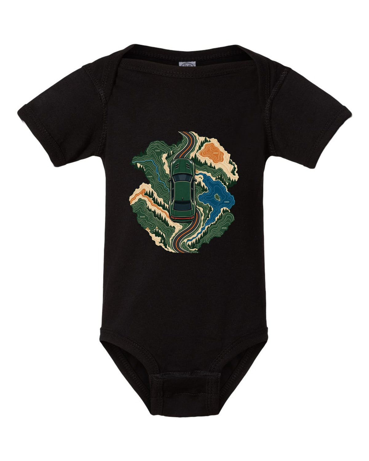Topographic route map design with a 2019 Dodge Charger Scat Pack and 392 HEMI caption black baby onesie front view with the design