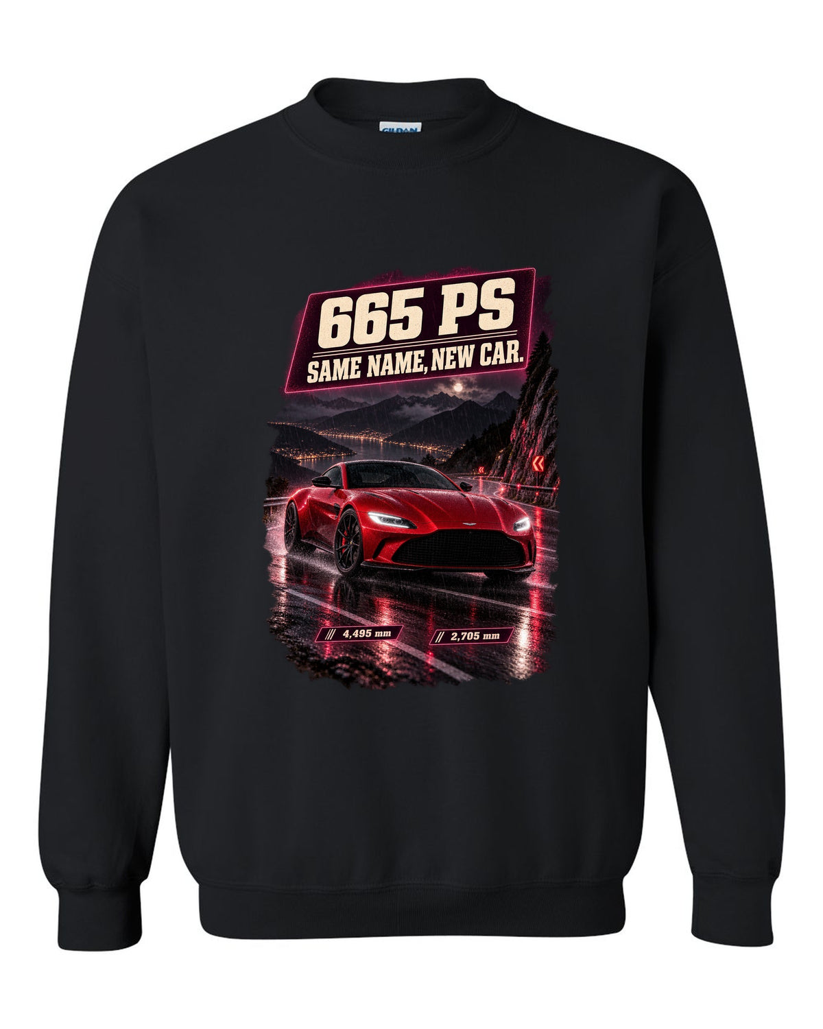Aston Martin Vantage 2024 touge night street print with 665 PS text black crewneck front view with the design