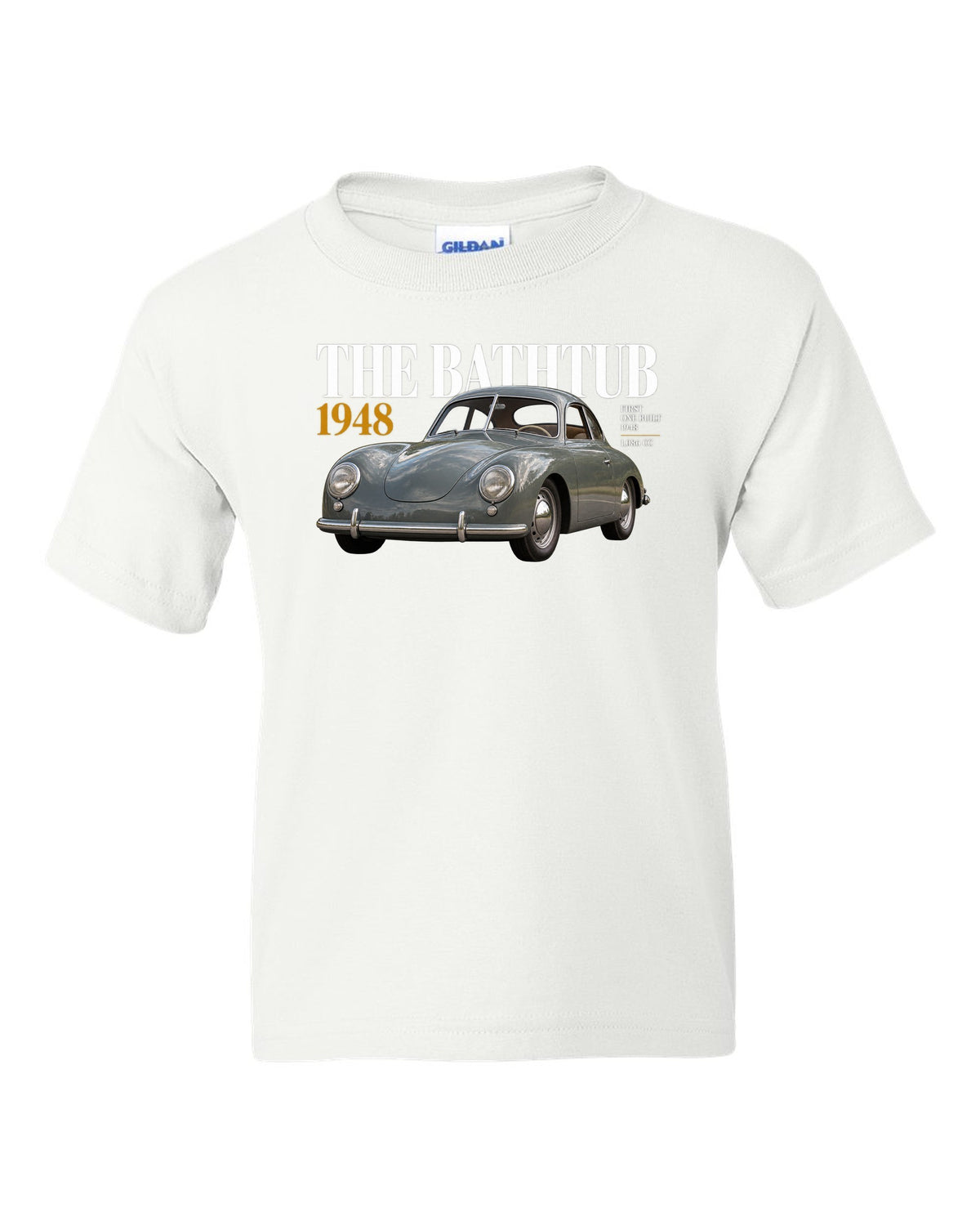 Editorial headline print of the 1948 Porsche 356 Pre-A coupe nicknamed the Bathtub white kids tee front view with the design