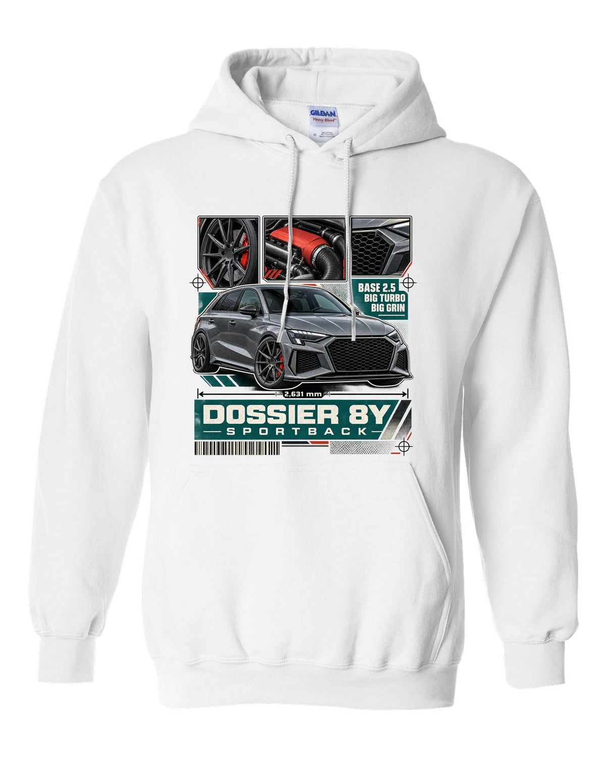 Three-panel dossier of an Audi RS3 8Y Sportback pre-facelift white pull over hoodie front view with the design