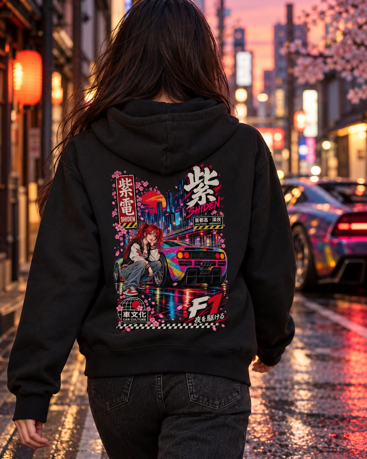 SHIDEN F1 Anime Girl Full-Back Graphic Tee Zip Hoodie Black worn hero