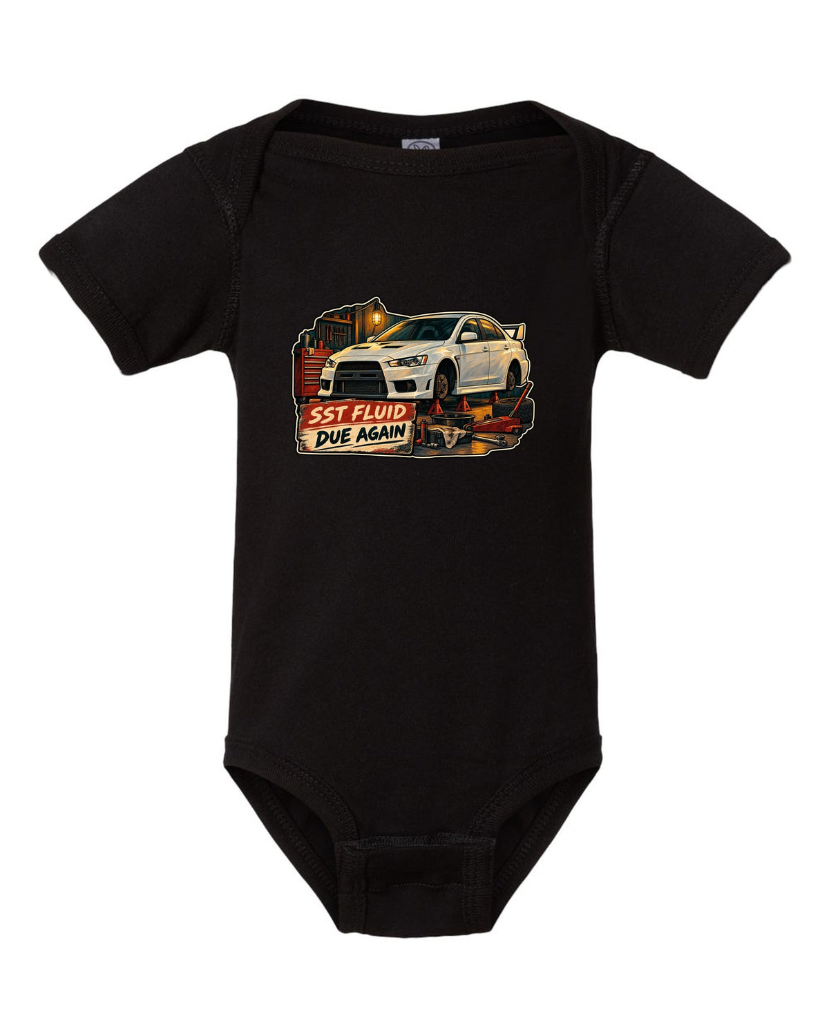 Gouache garage illustration print of the Mitsubishi Evo X CZ4A with SST fluid due again text black baby onesie front view with the design