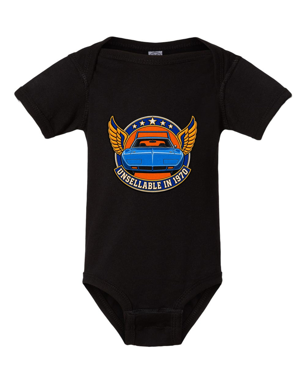 Embroidery-style varsity crest for the 1970 Plymouth Superbird with unsellable in 1970 text black baby onesie front view with the design