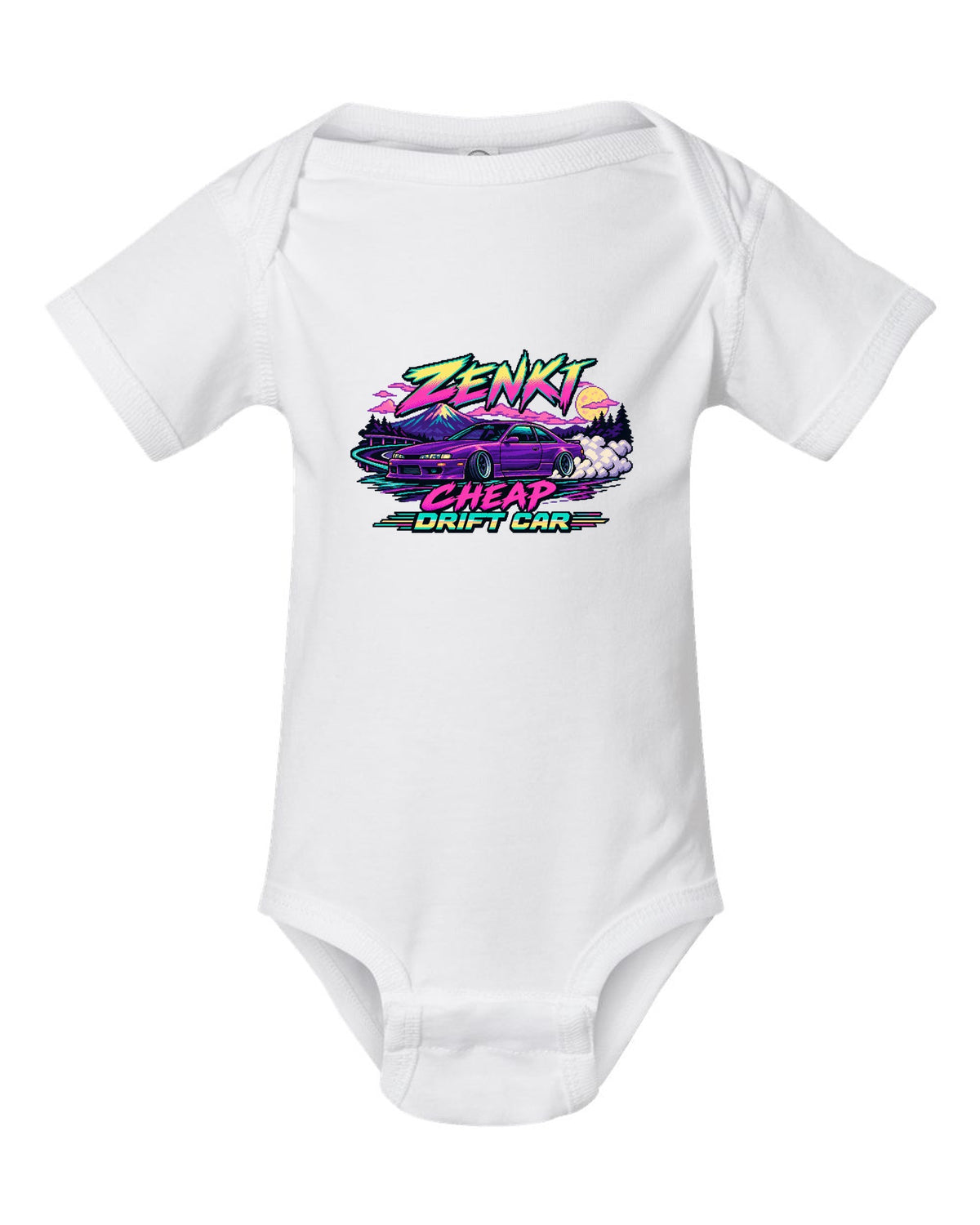 16-bit pixel art print of a Nissan Silvia S14 zenki drift car white baby onesie front view with the design