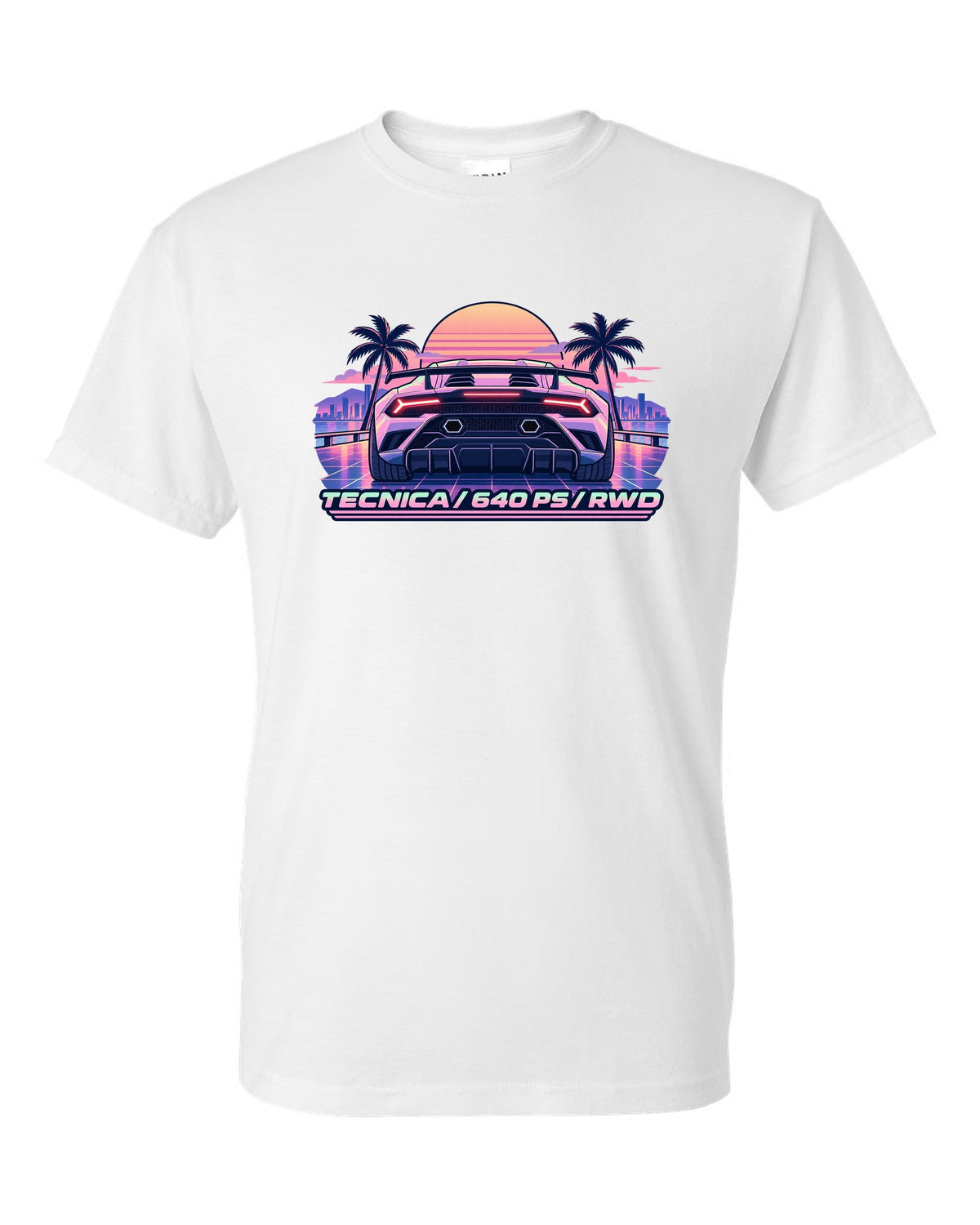 Vaporwave pastel taillight grid of a Lamborghini Huracan Tecnica LP640-2 with text TECNICA / 640 PS / RWD white t-shirt front view with the design