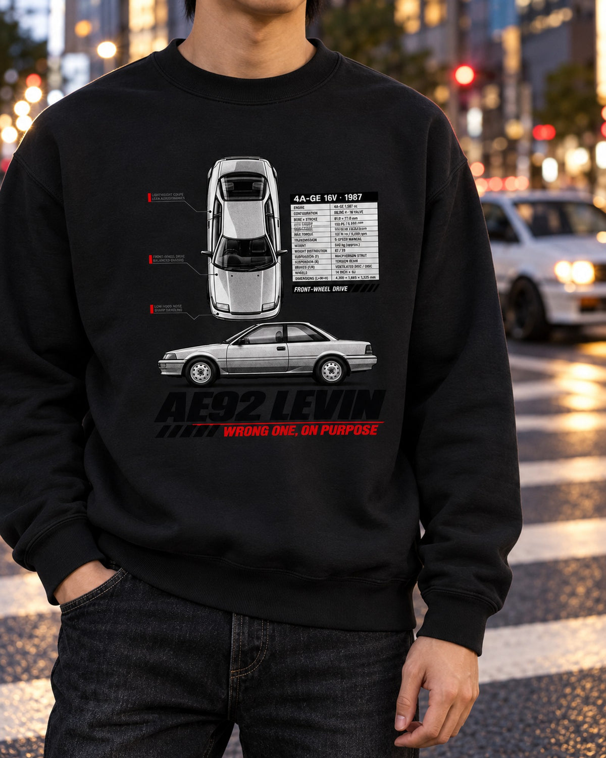 Toyota Corolla Levin AE92 Front-Drive Spec Poster Shirt, 4A-GE Crewneck Black worn hero