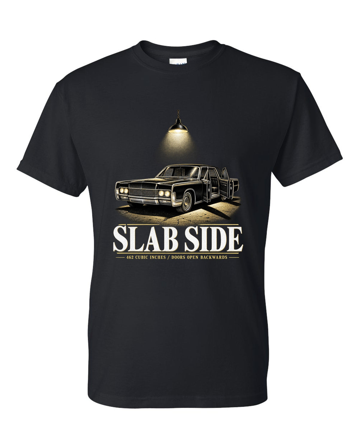 print of a 1966 Lincoln Continental fourth generation parked in a night garage black t-shirt front view with the design