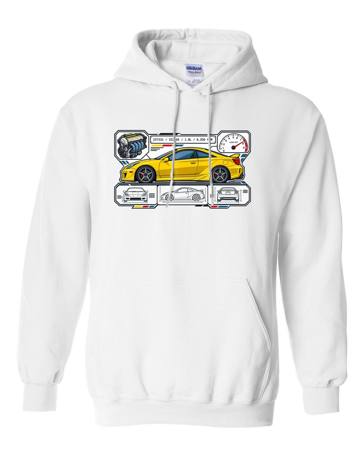 Spec sheet data plate for a Toyota Celica ZZT231 listing 2ZZ-GE, 1.8L and 8,200 RPM white pull over hoodie front view with the design