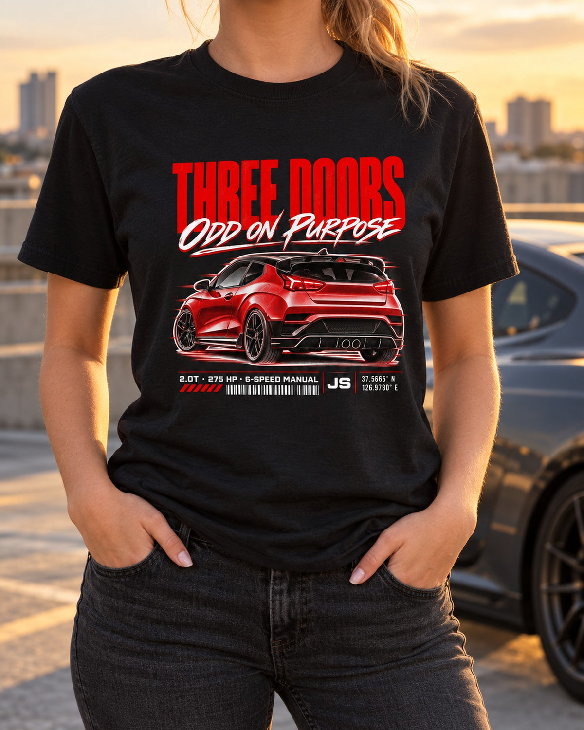 Hyundai Veloster N JS Street Poster Shirt, Three Doors Odd on Purpose T-Shirt Black worn hero