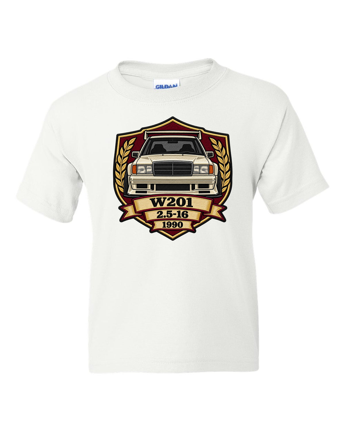 Embroidery-style shield crest print of a Mercedes-Benz 190E Evo II W201, 2.5-16, 1990 white kids tee front view with the design