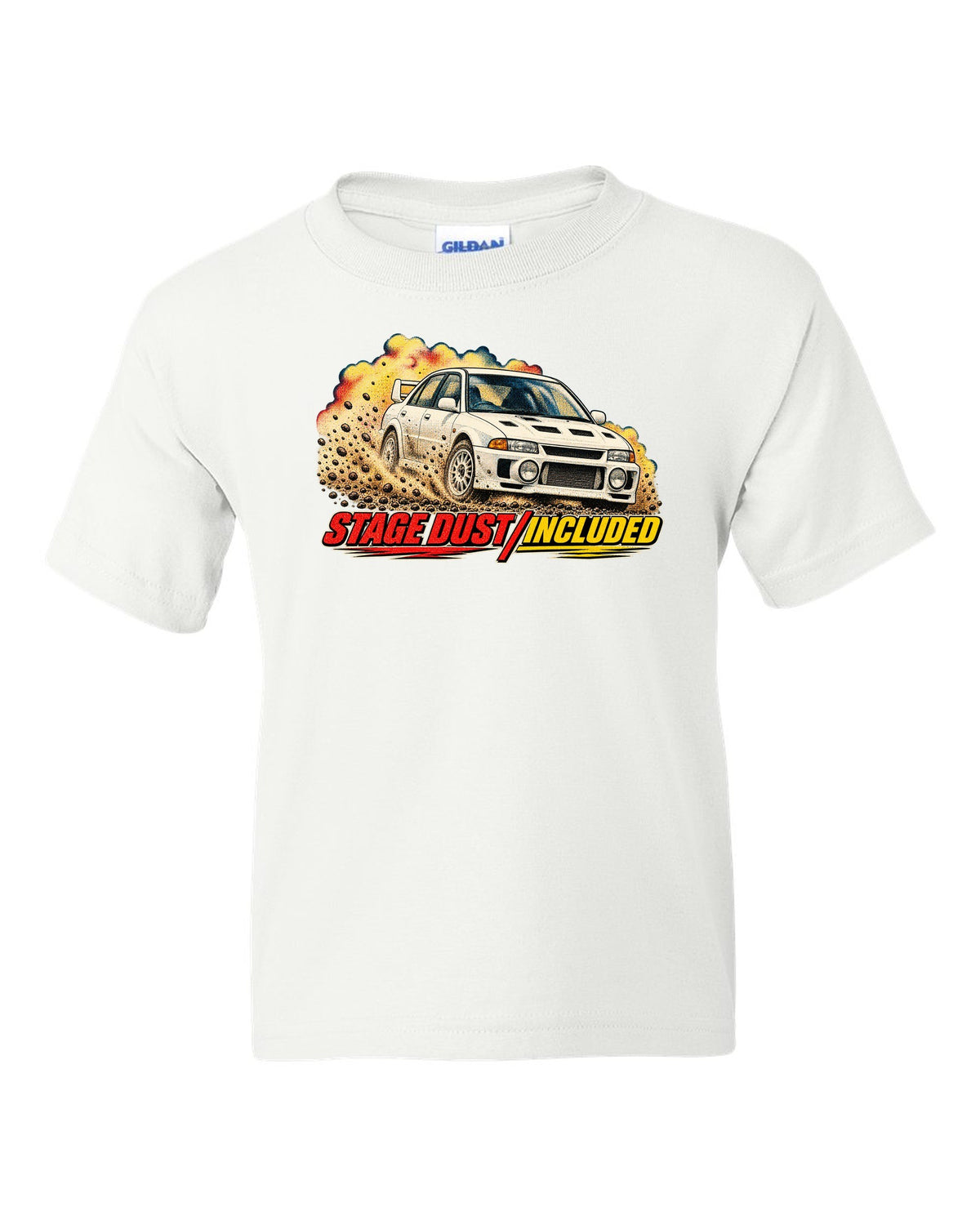 Halftone rally magazine style Mitsubishi Lancer Evolution III CE9A on gravel white kids tee front view with the design