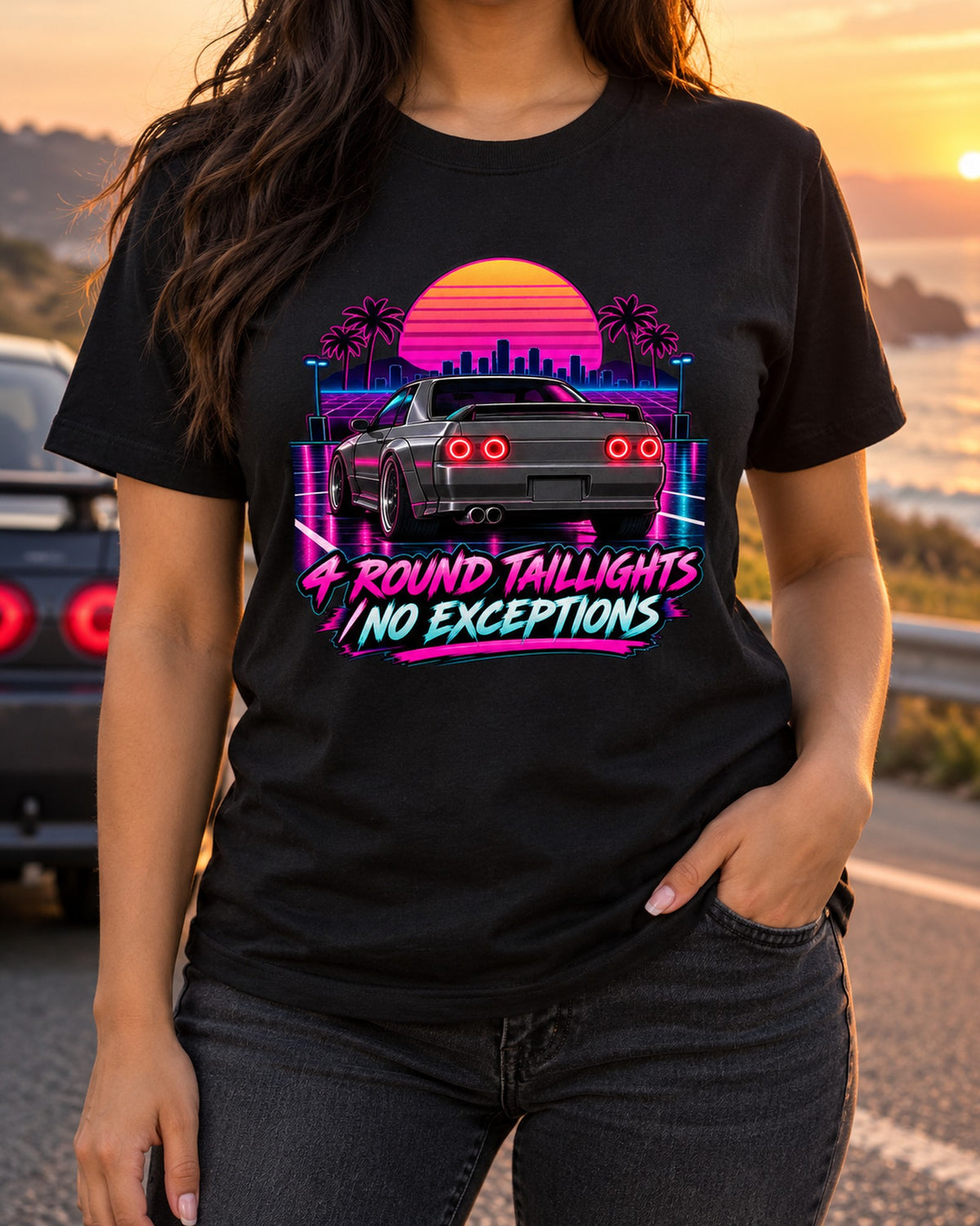 Four Lights in the Dark, Skyline GT-R R32 Synthwave Shirt T-Shirt Black worn hero