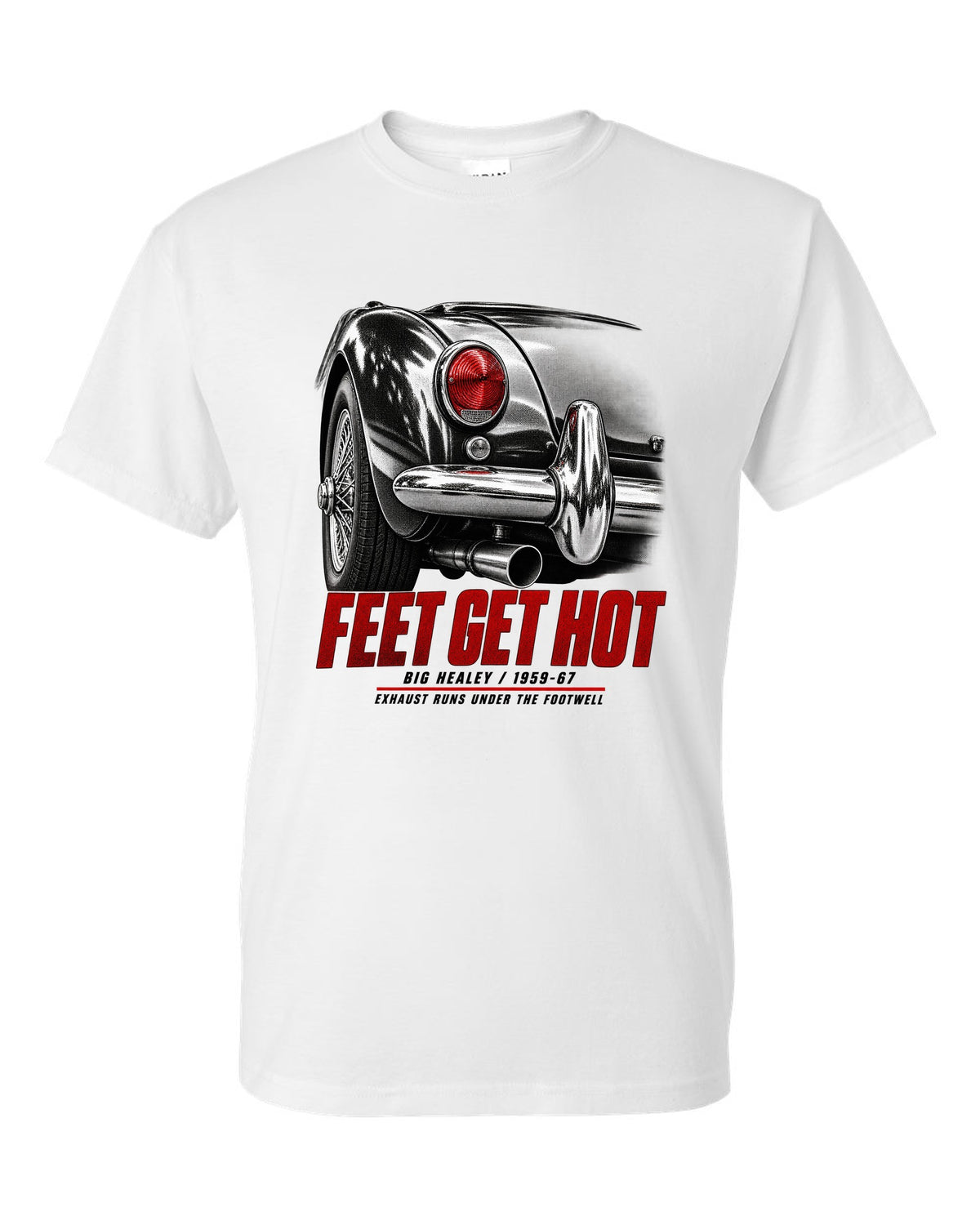 print of the rear taillight of a 1966 Austin-Healey 3000 Mk III BJ8 with hot feet lettering white t-shirt front view with the design