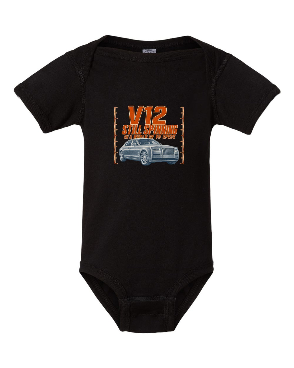 Halftone print of a silver Mercedes-Maybach S680 Z223 front three-quarter black baby onesie front view with the design