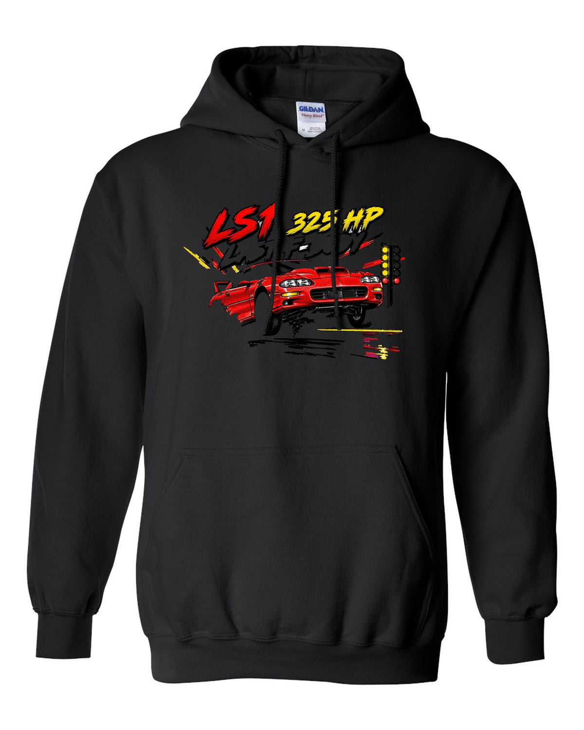2002 Chevrolet Camaro SS LS1 retro manga halftone panel print black pull over hoodie front view with the design