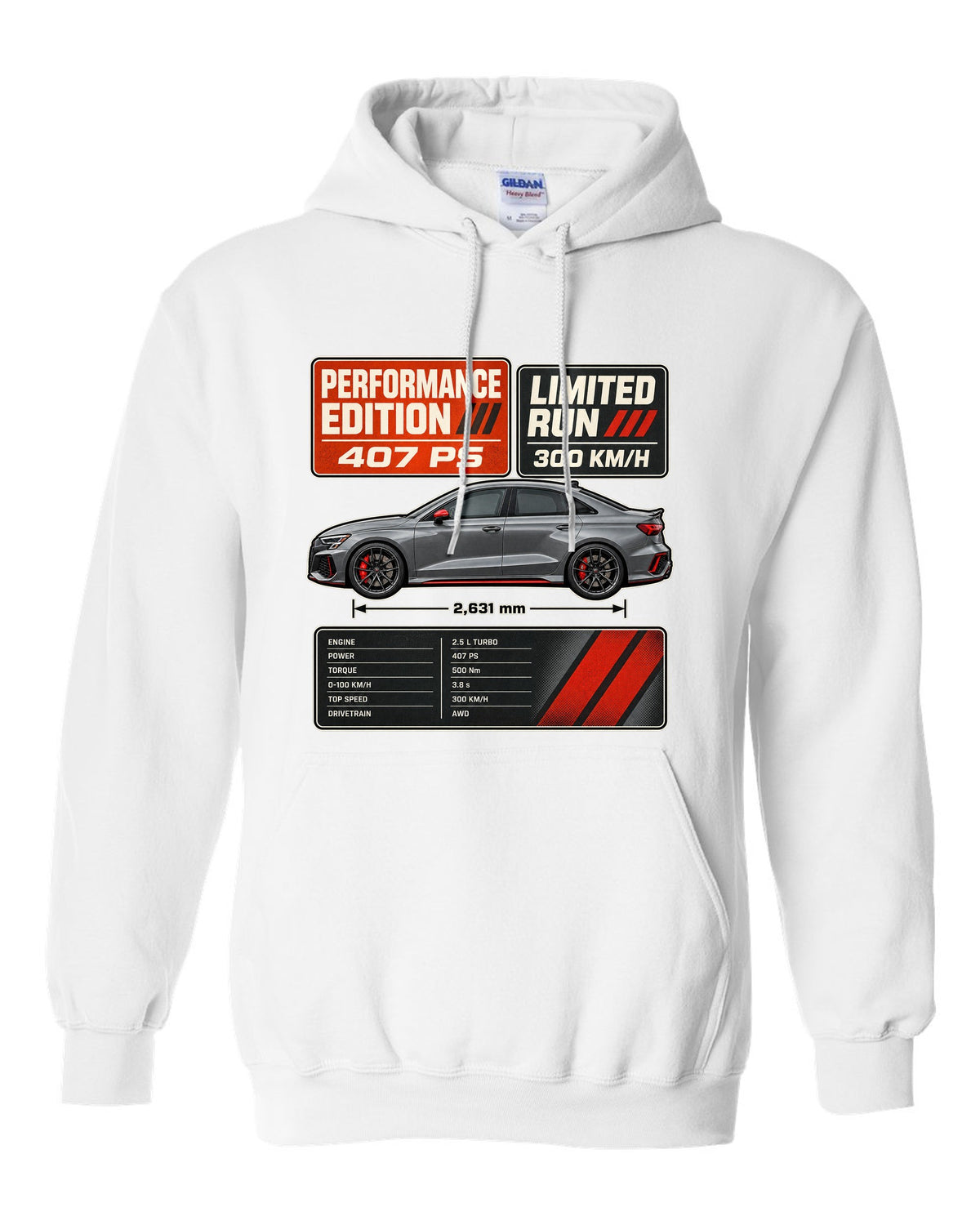 Grey and orange spec poster for the Audi RS3 8Y Performance Edition white pull over hoodie front view with the design