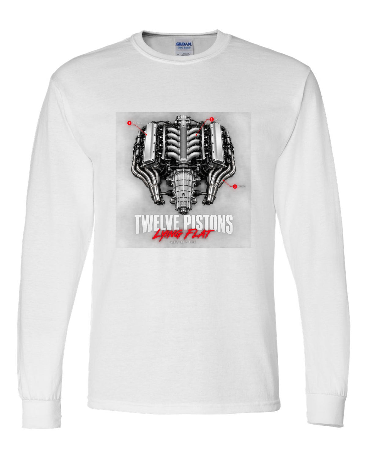 Engine callout print of the Ferrari 512 TR and F512 M flat-12 with the text Twelve Pistons Lying Flat white long sleeve front view with the design