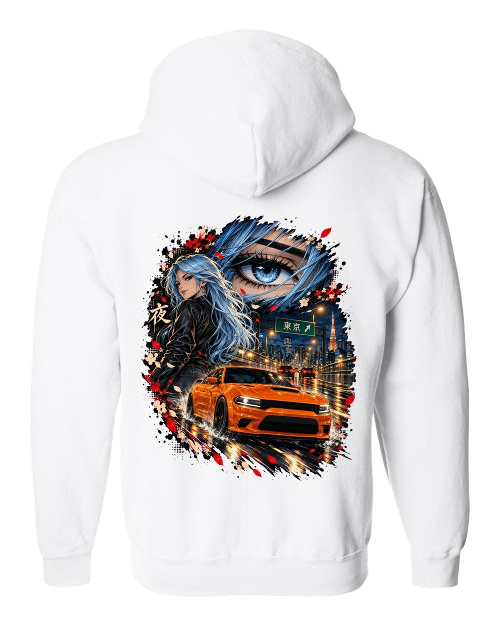 Dodge Charger Hellcat Anime Girl Zip Hoodie White back