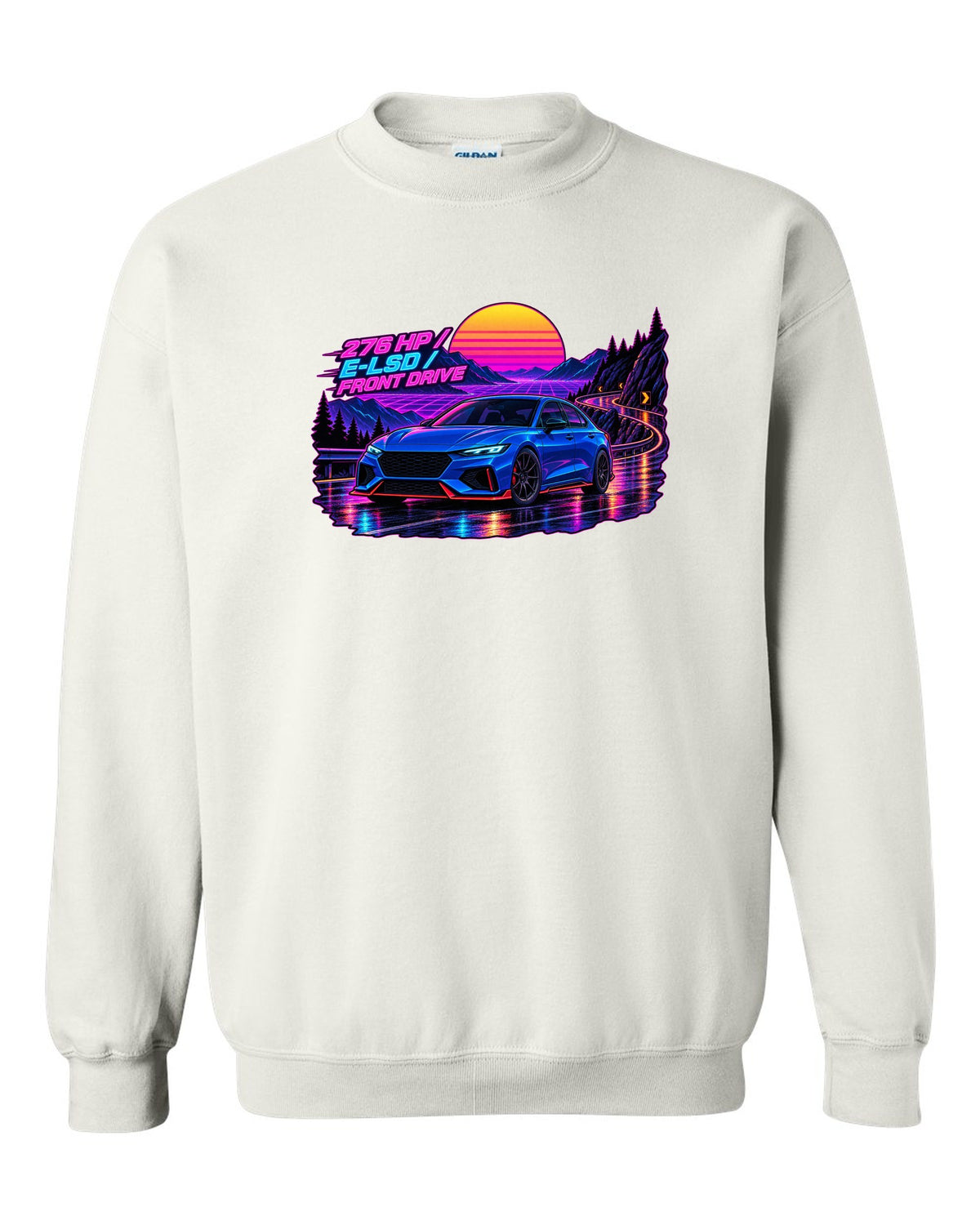 Hyundai Elantra N CN7 synthwave wet road print with 276 HP and E-LSD text white crewneck front view with the design