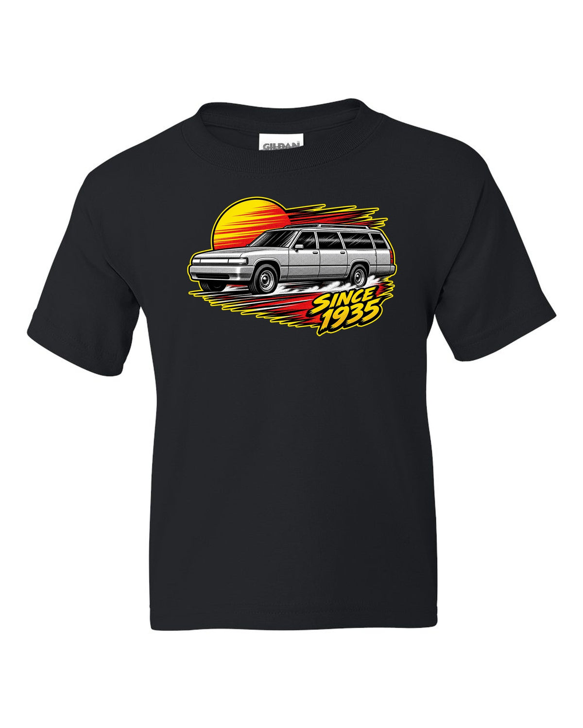 Retro manga halftone panel print of a 1992-1999 Chevrolet Suburban GMT400 with Since 1935 text black kids tee front view with the design