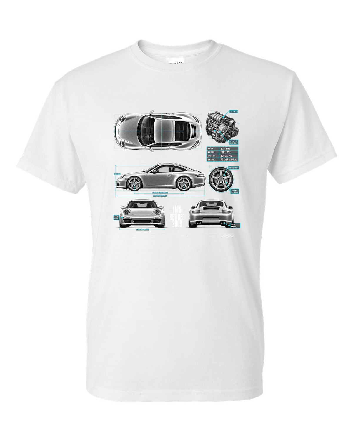Spec poster print of a Porsche 911 Carrera S (997.2) with the headline IMS Retired 2009 white t-shirt front view with the design
