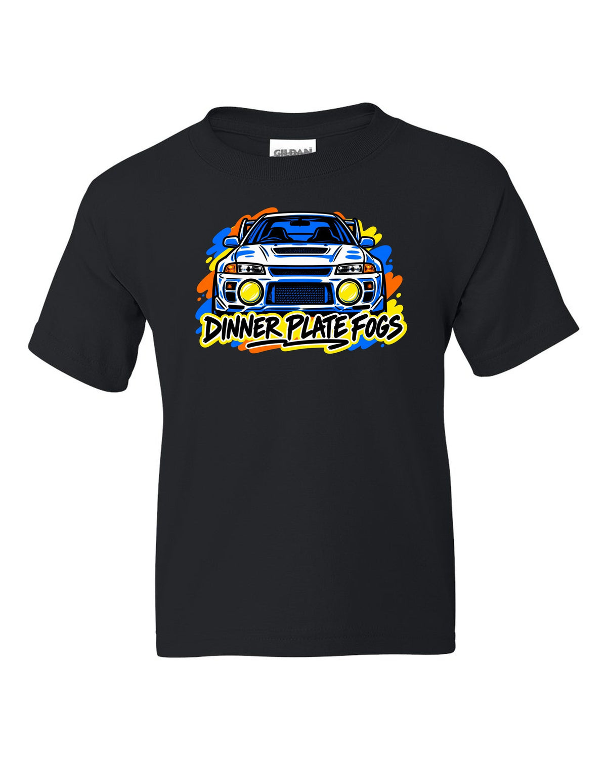 Mitsubishi Lancer Evolution IV CN9A mono-line sketch, DINNER PLATE FOGS black kids tee front view with the design