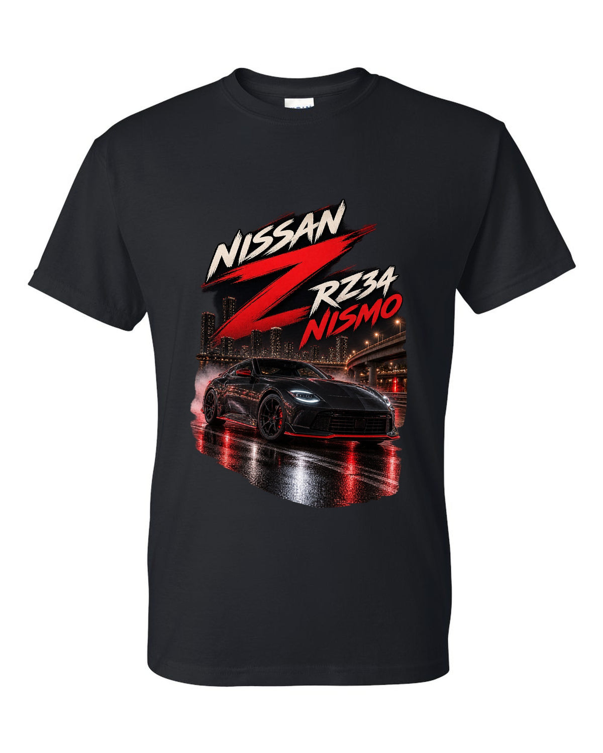 Nissan RZ34 Z spec poster with 2022 debut, VR30DDTT and 400 hp text black t-shirt front view with the design