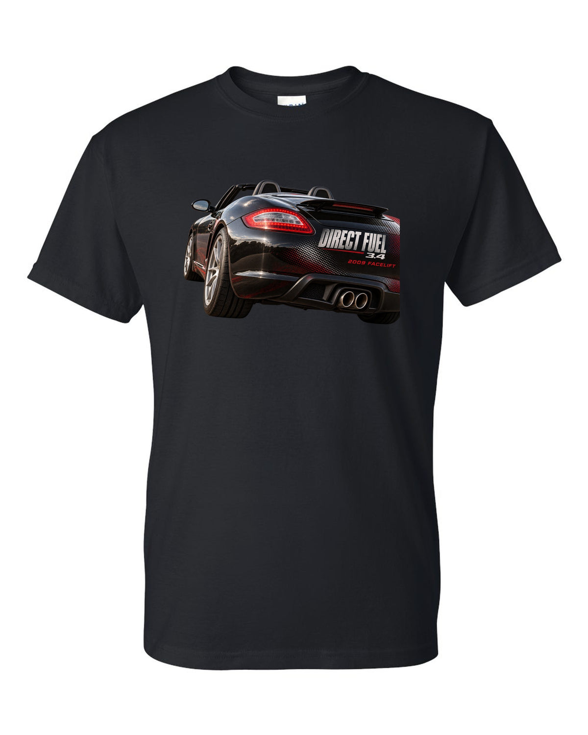 Taillight macro print of a Porsche Boxster 987.2 facelift black t-shirt front view with the design