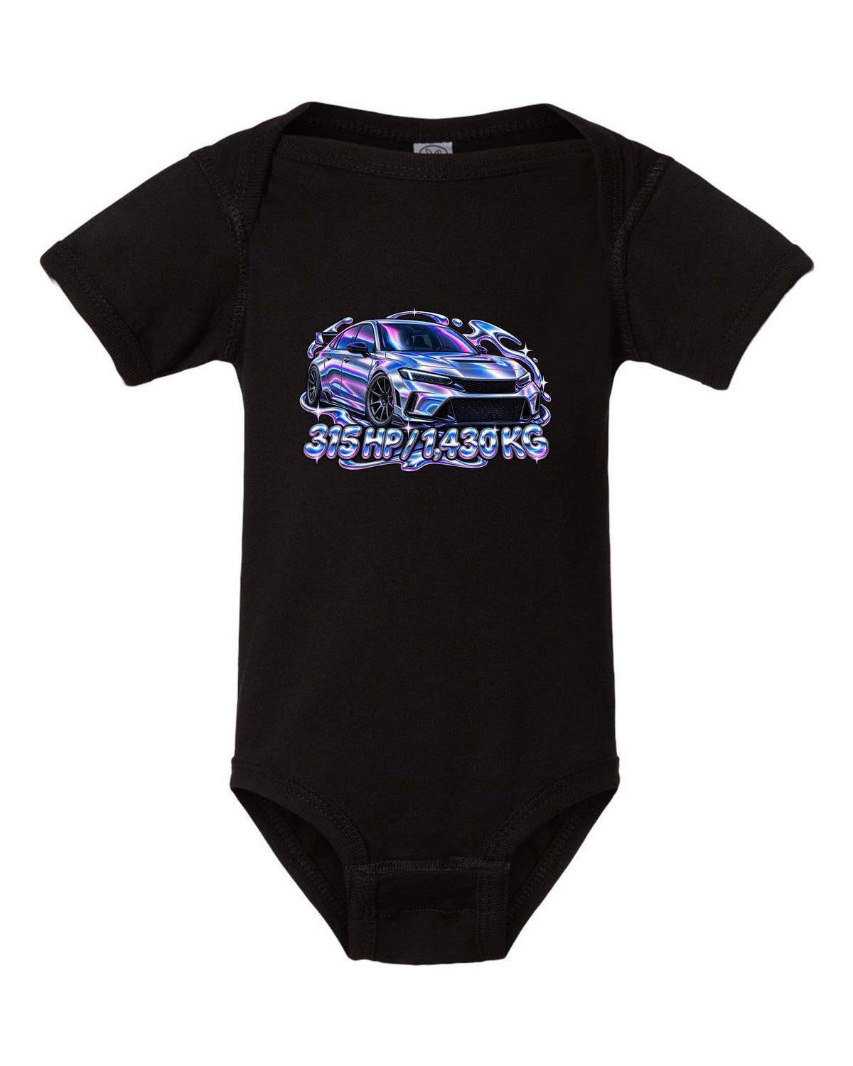 Y2K chrome gradient print of a Honda Civic Type R FL5 with 315 HP and 1,430 KG text black baby onesie front view with the design