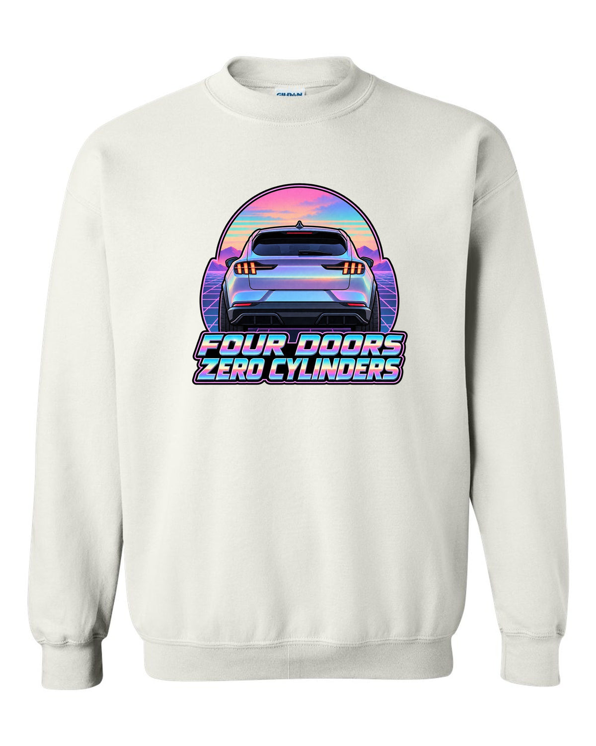 Vaporwave pastel print of a 2021 Ford Mustang Mach-E rear at dusk white crewneck front view with the design