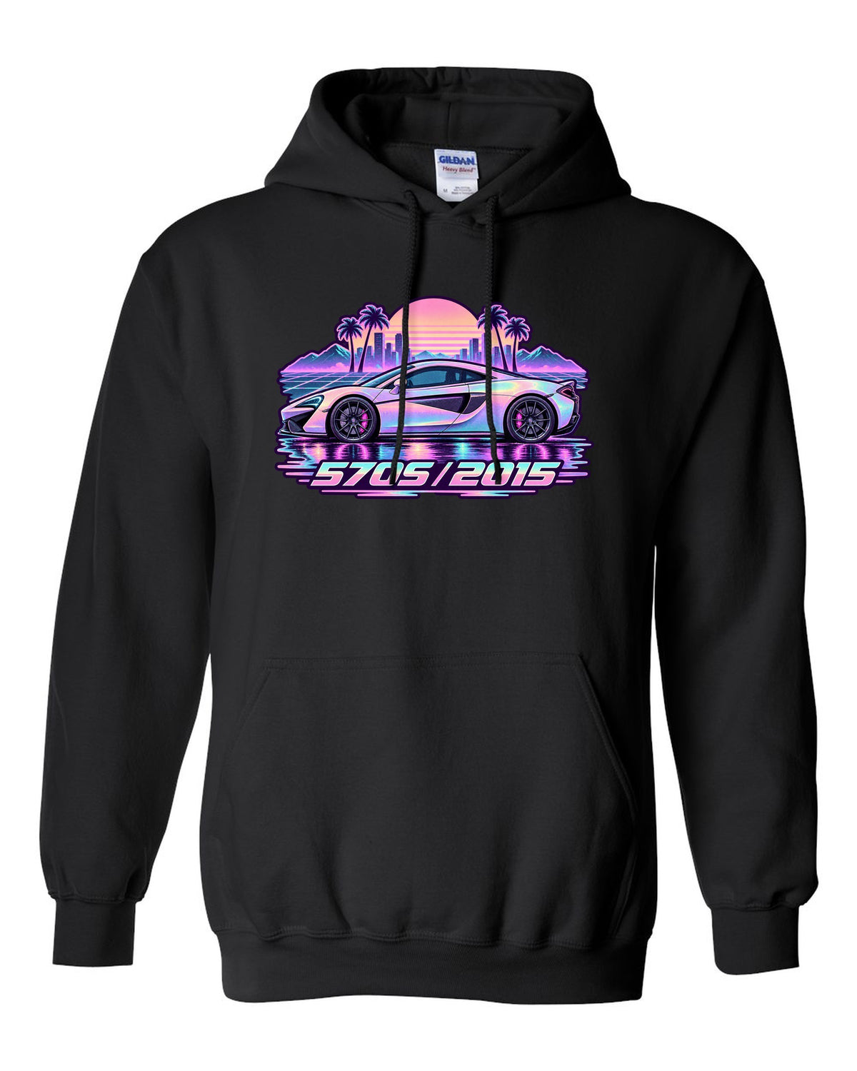 McLaren 570S vaporwave pastel rain print with 570S 2015 lettering black pull over hoodie front view with the design