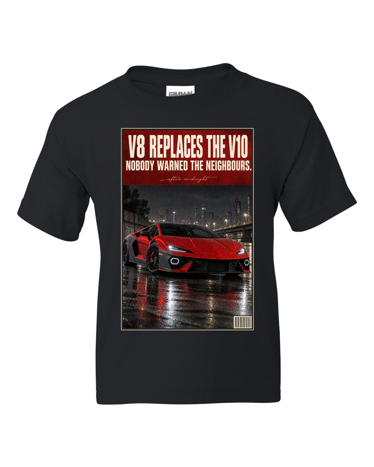 Night street print of the Lamborghini Temerario black kids tee front view with the design