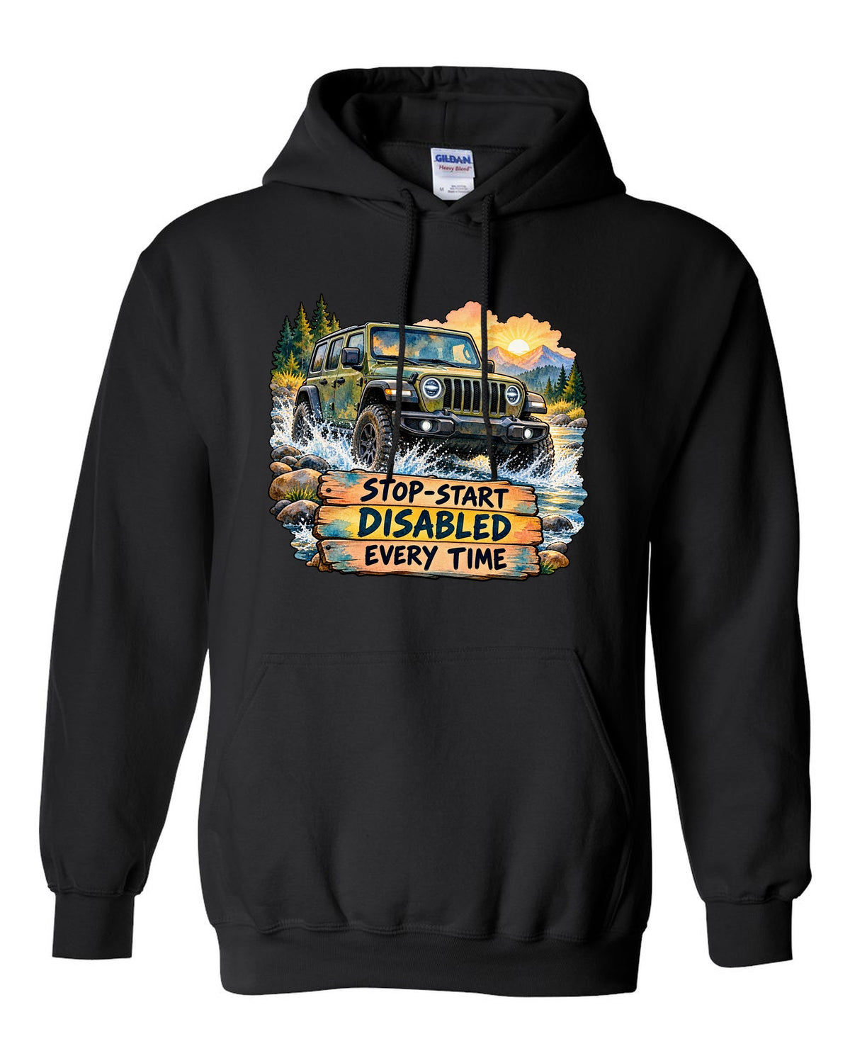 Watercolour night road print of a Jeep Wrangler JL with stop-start disabled text black pull over hoodie front view with the design