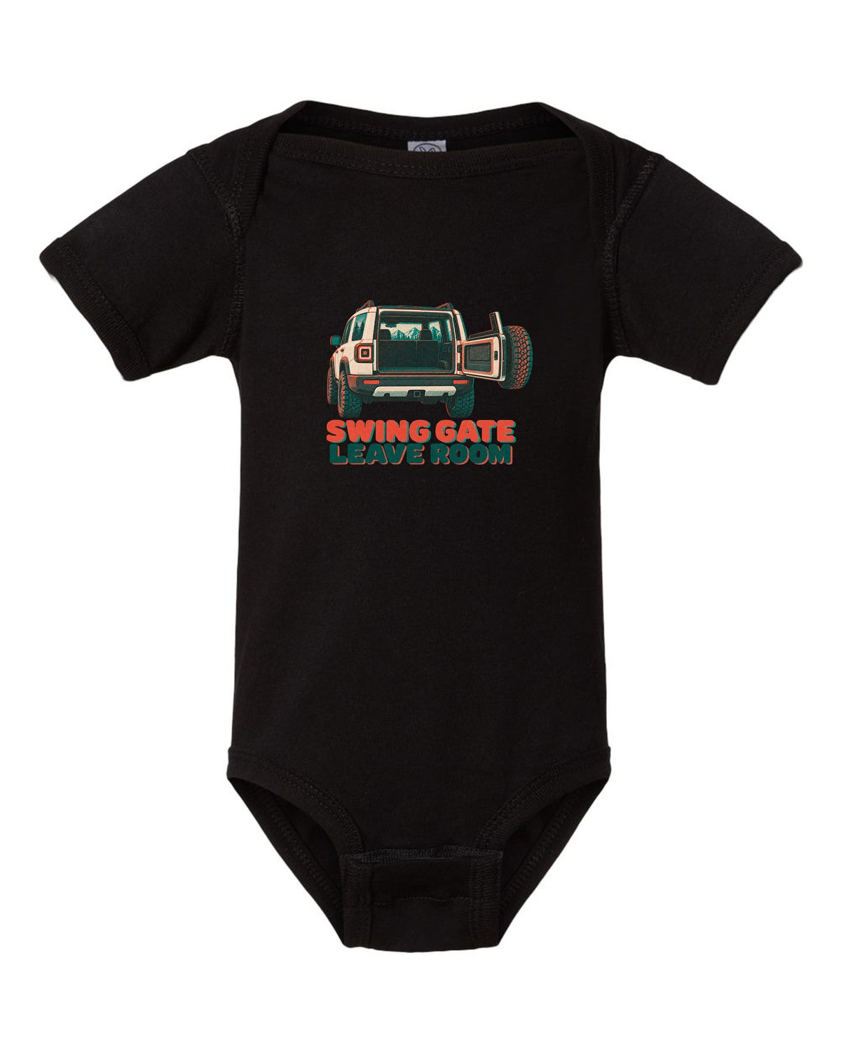 Risograph-style rear view of a Land Rover Defender L663 110 with spare wheel on the swing gate black baby onesie front view with the design