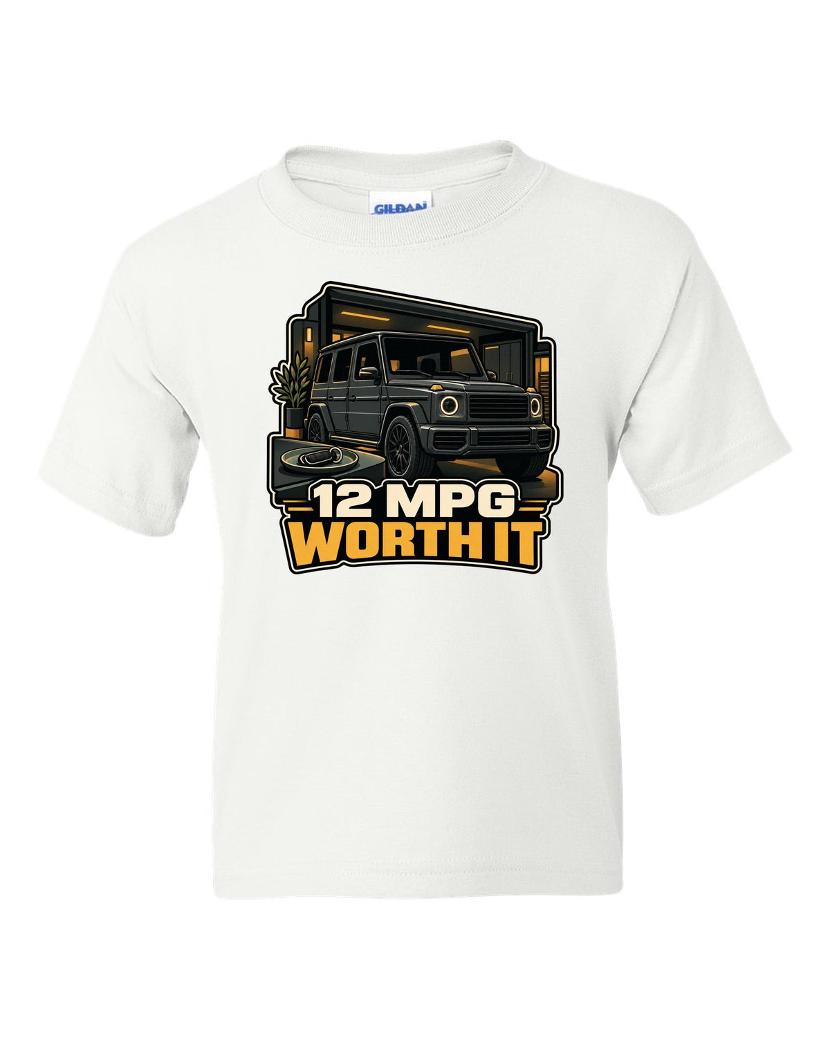 Army surplus stamp graphic reading Gelandewagen 1979 for the Mercedes G-Class W460, print white kids tee front view with the design