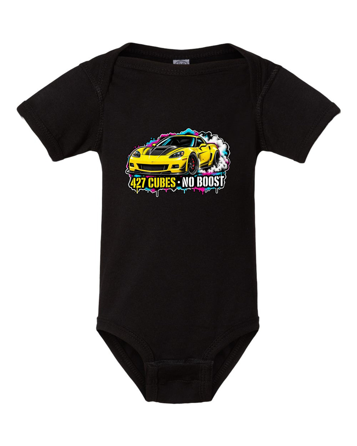 Stencil spray street art print of a 2006 Chevrolet Corvette C6 Z06 with 427 cubes no boost lettering black baby onesie front view with the design