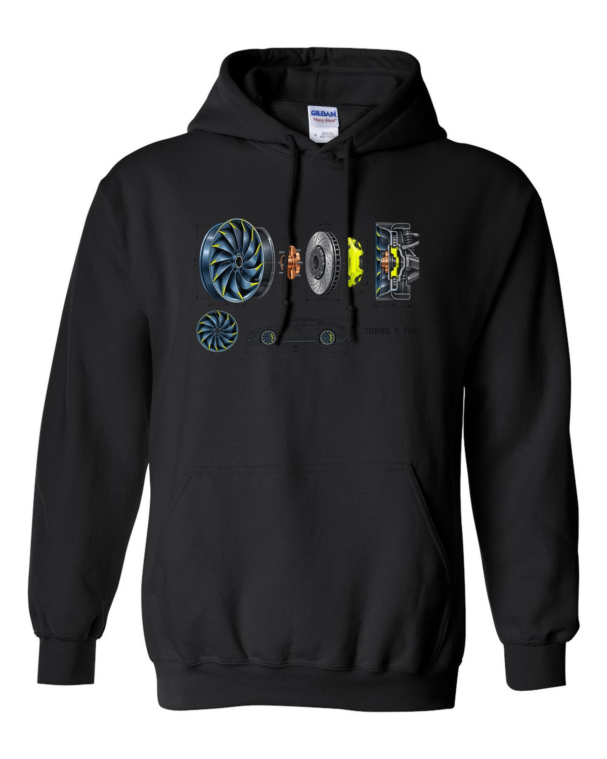 Porsche Taycan Turbo S 9J1 turbine wheel engineering schematic print with the text Turbo S 761 black pull over hoodie front view with the design