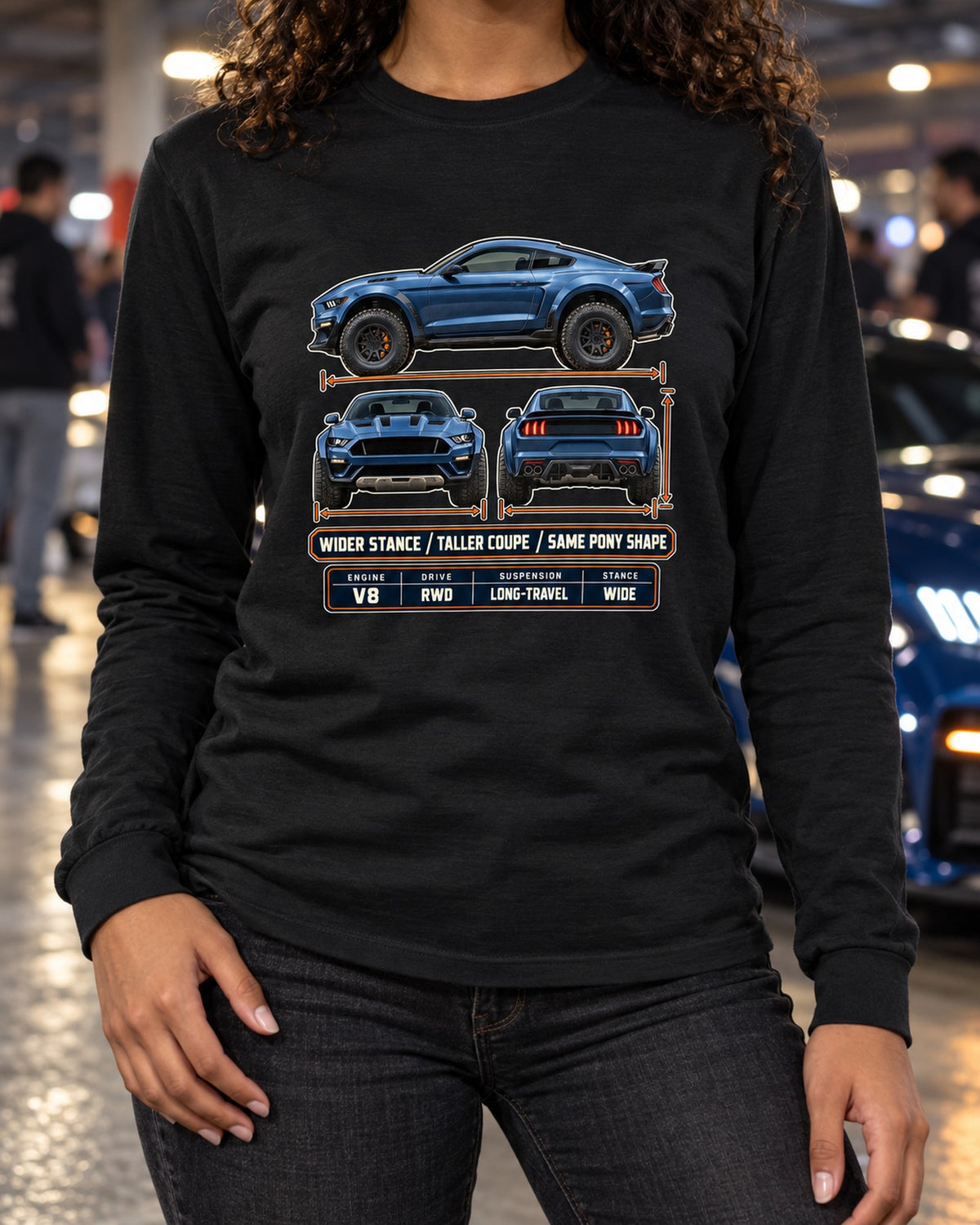Mustang Raptor Concept Three-View Spec Table Tee, Pony Shape Long Sleeve Black worn hero