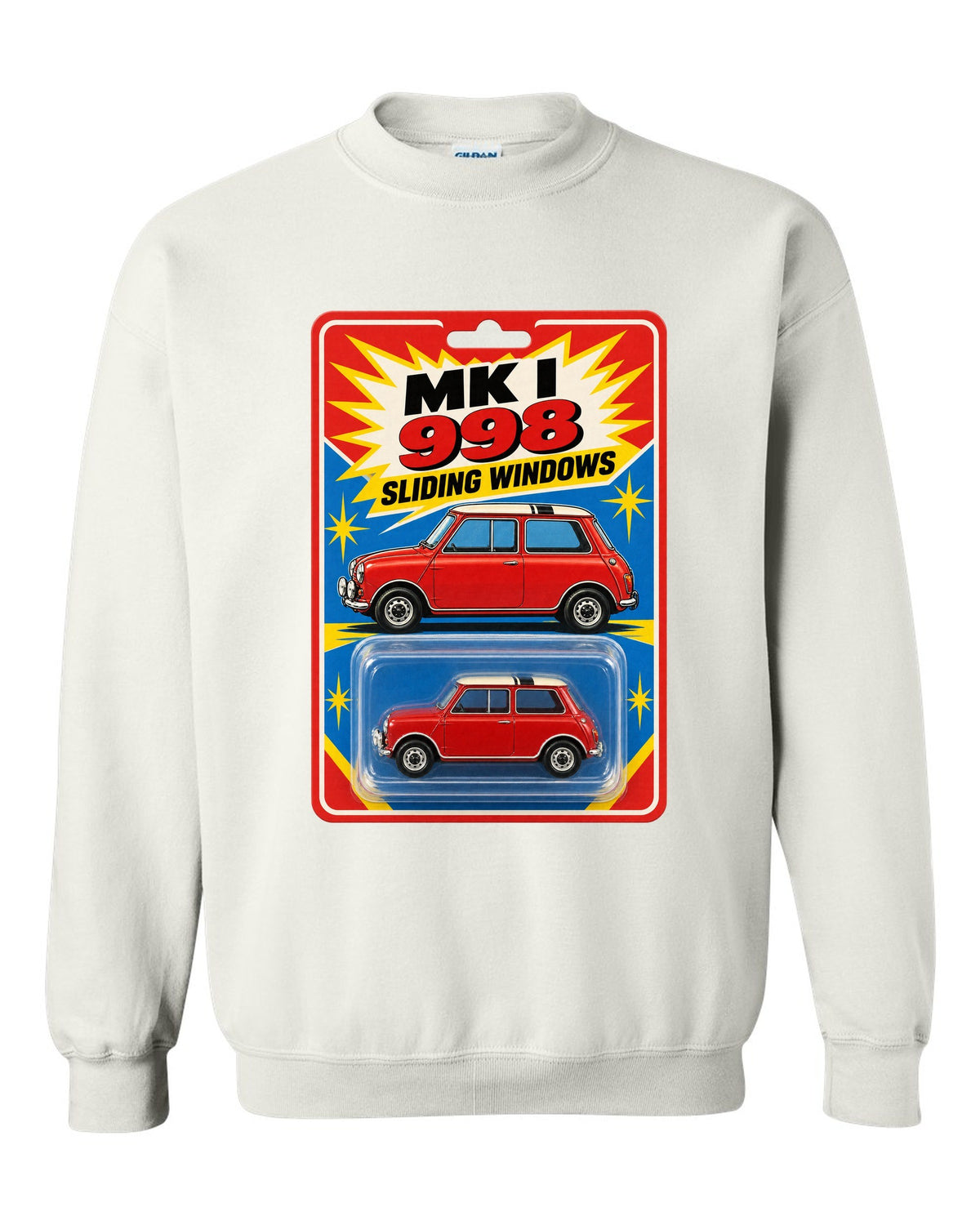 1967 Mini Cooper Mk I on a toy blister card with 998 and sliding windows text white crewneck front view with the design