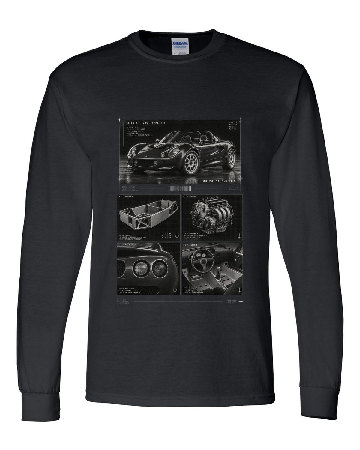 Dossier panel print of a 1996 Lotus Elise S1 Type 111 with 68 kg of chassis text black long sleeve front view with the design