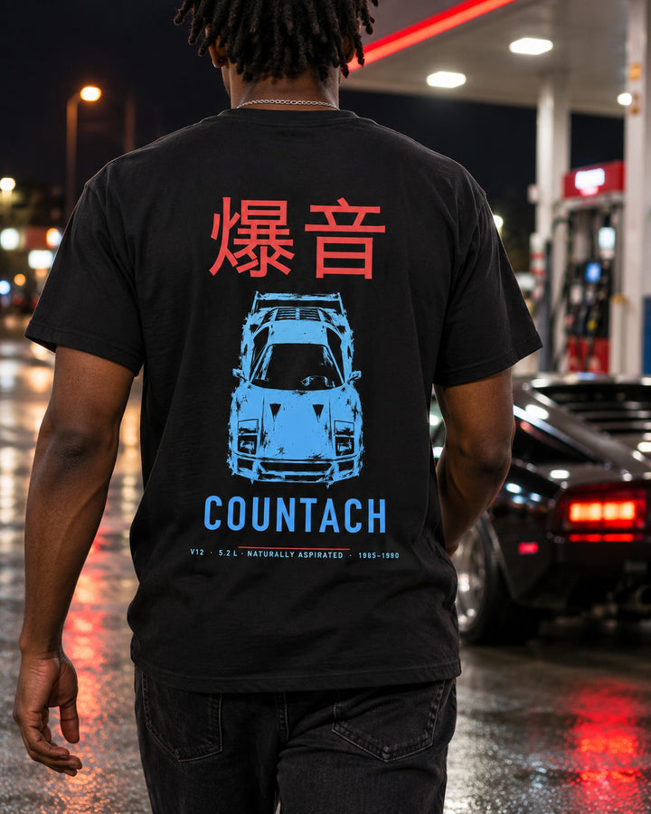 COUNTACH V12 Full-Back Graphic Tee T-Shirt Black worn hero