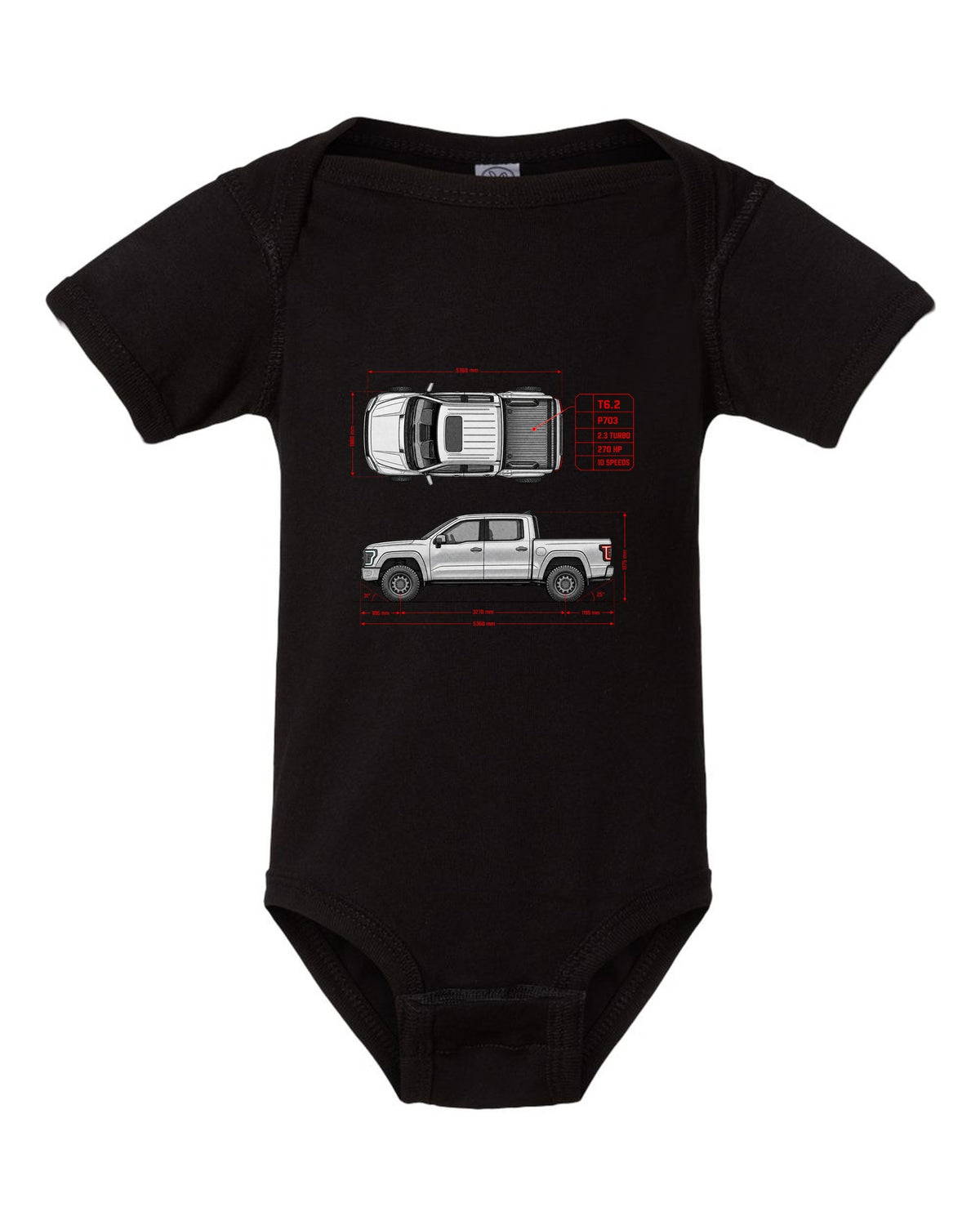 Ford Ranger T6.2 P703 spec poster print with 2.3 turbo, 270 HP and 10 speeds black baby onesie front view with the design