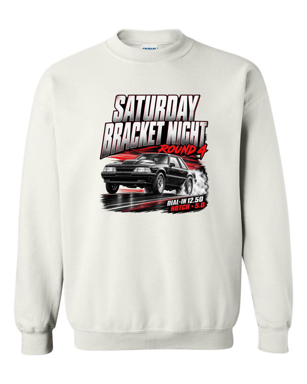 Race poster illustration of a Fox body Mustang notchback drag build for bracket night round 4 white crewneck front view with the design