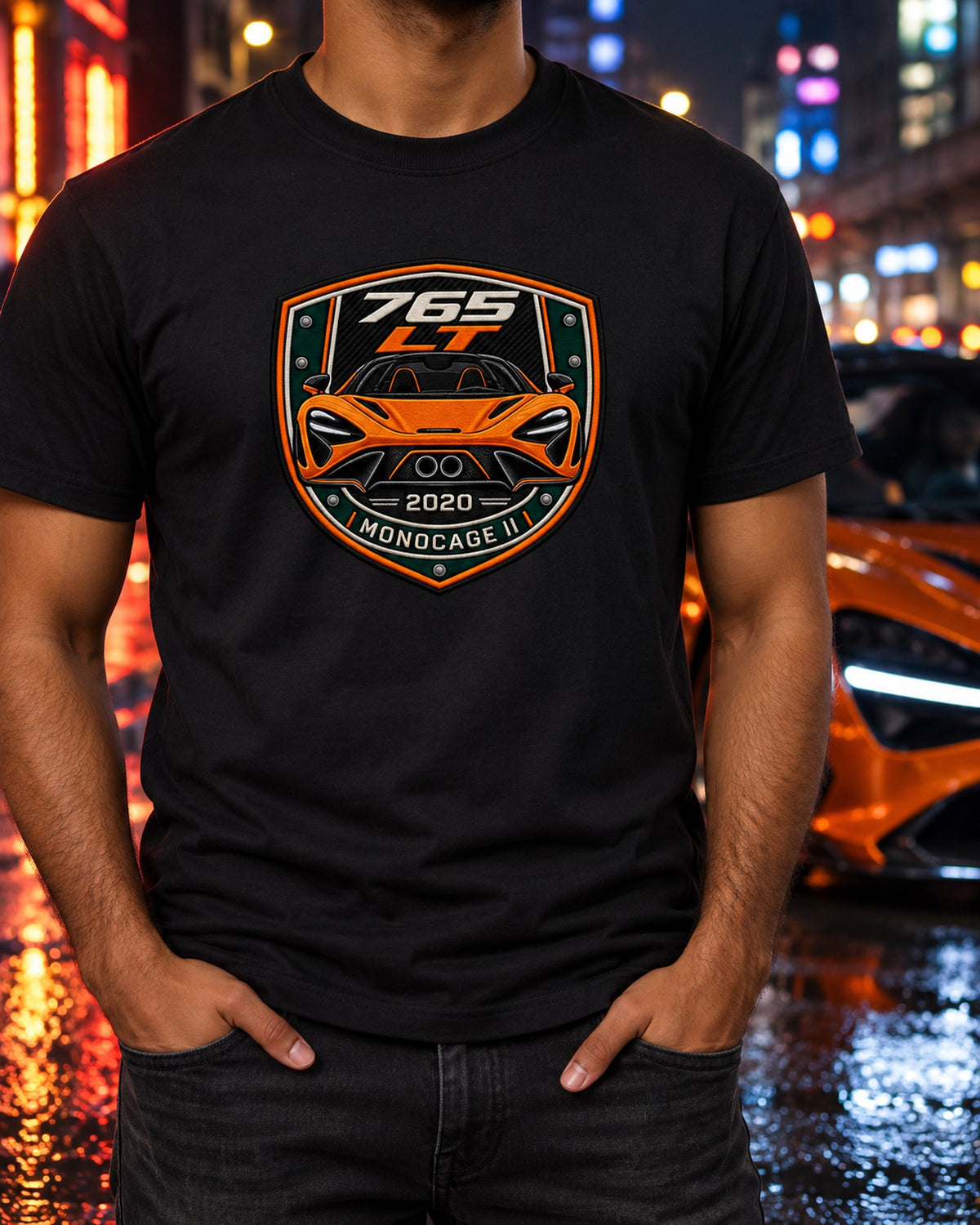McLaren 765LT Monocage II Varsity Crest Shirt, Car Guy Gift T-Shirt Black worn hero