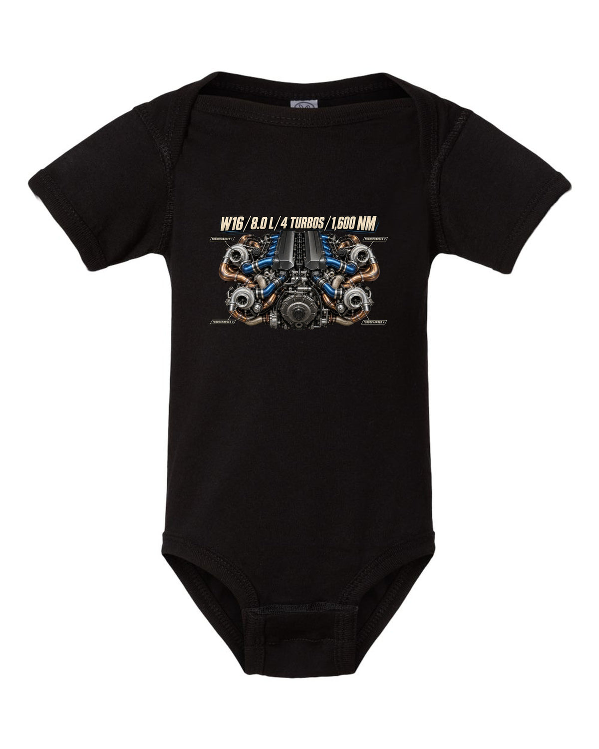 Bugatti W16 8.0 litre quad-turbo engine poster print black baby onesie front view with the design