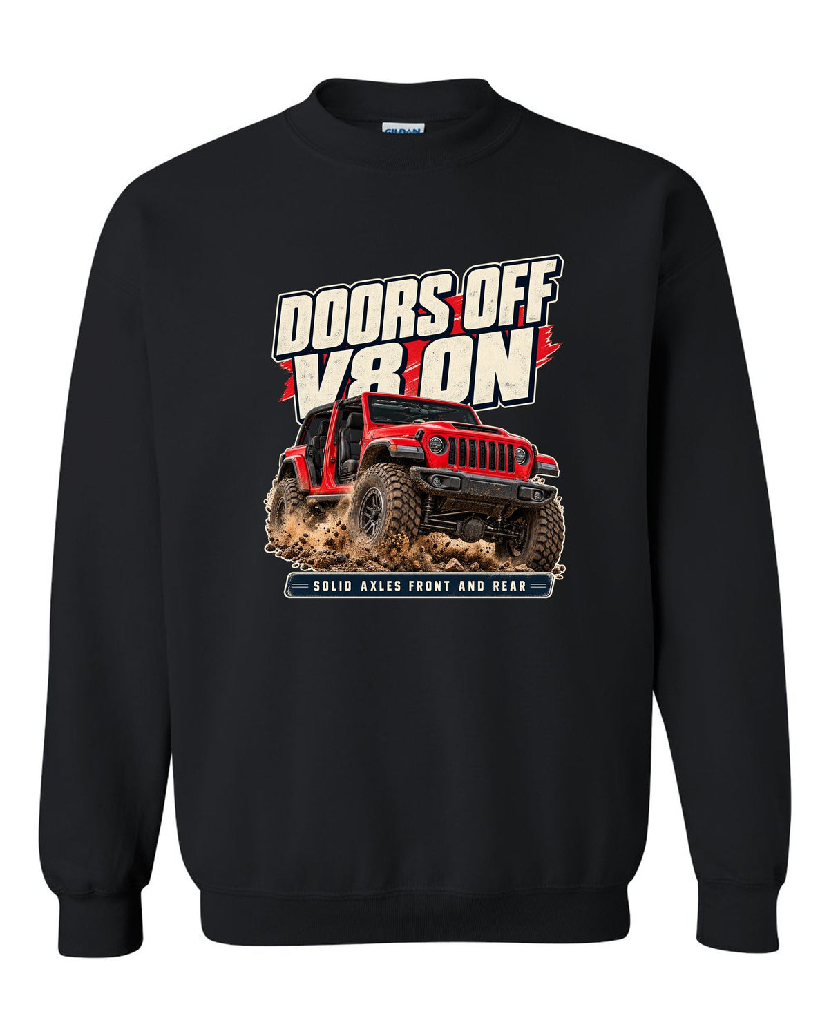 Editorial headline print for the Jeep Rubicon 392 about doors off and a V8 black crewneck front view with the design