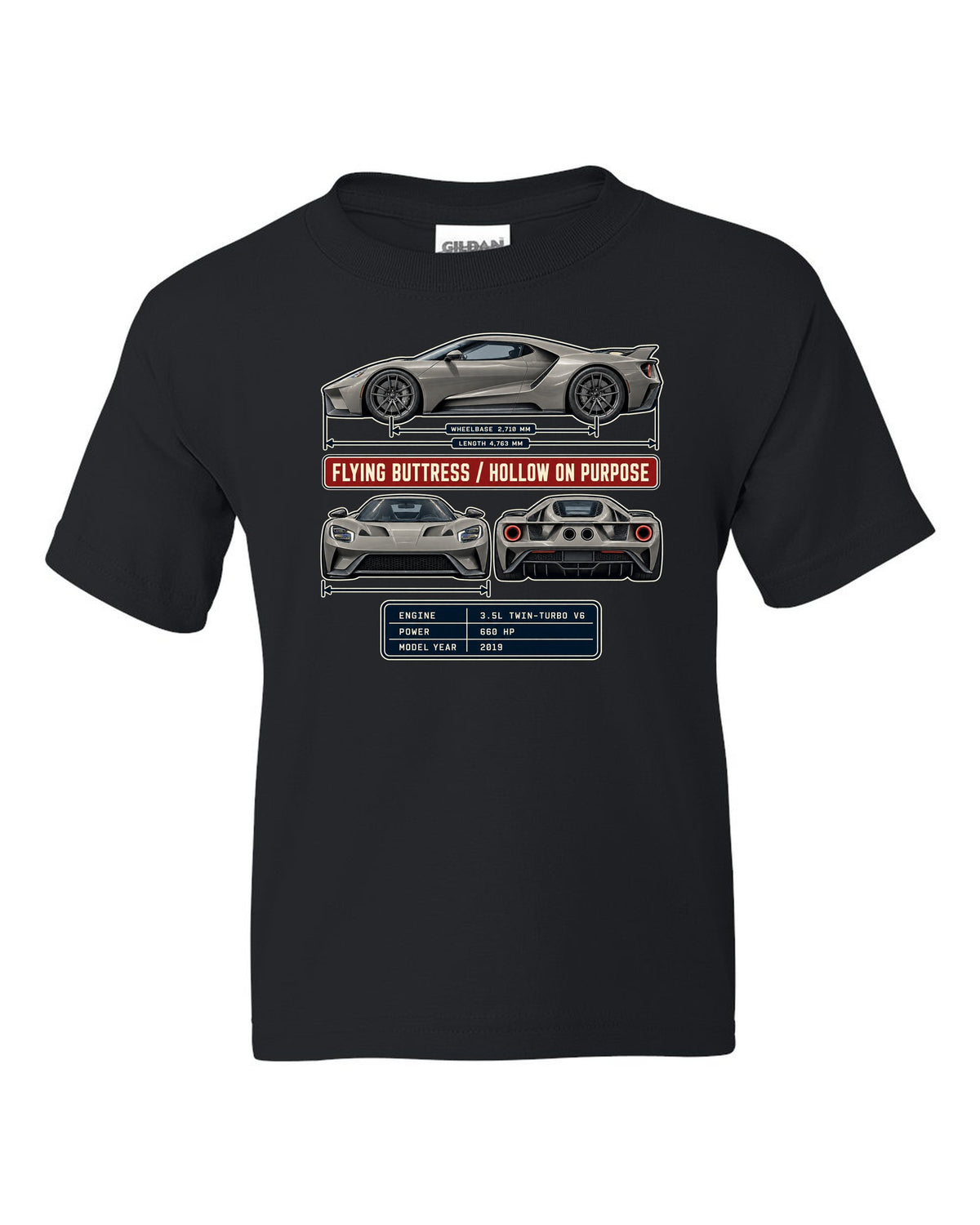 print of a 2019 Ford GT three-view drawing with spec table and flying buttress text black kids tee front view with the design